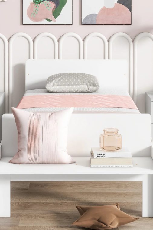 Create a chic and cozy bedroom look with this stylish and elegant white twin bed featuring a footboard bench for added comfort - perfect for enhancing the style and comfort of your bedroo - Image 4