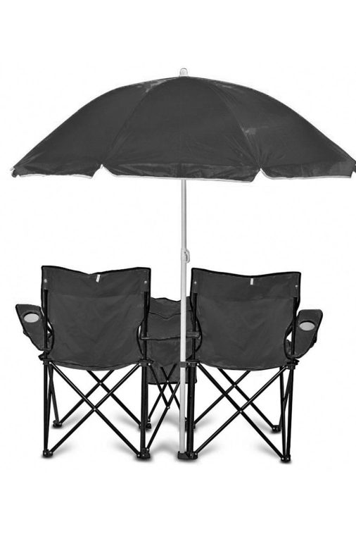 GoTeam Double Folding Camping Chair Set w/ Shade Umbrella & Cooler Bag, Black - Image 3