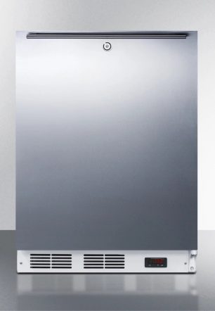 ADA compliant commercial built-in medical all-freezer capable of -25 C operation, with wrapped stainless steel door, horizontal handle, and lock