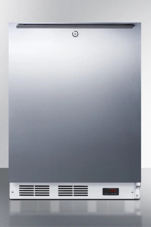 ADA compliant commercial built-in medical all-freezer capable of -25 C operation, with wrapped stainless steel door, horizontal handle, and lock