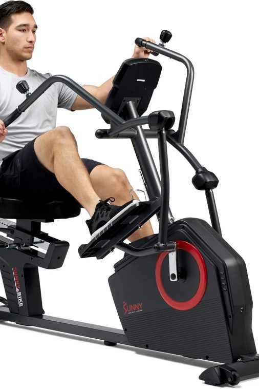 Sunny Health & Fitness Electromagnetic Recumbent Cross Trainer Exercise Elliptical Bike w/Arm Exercisers, Easy Access Seat & Exclusive SunnyFit® App Enhanced Bluetooth Connectivity - SF-RBE4886SMART…