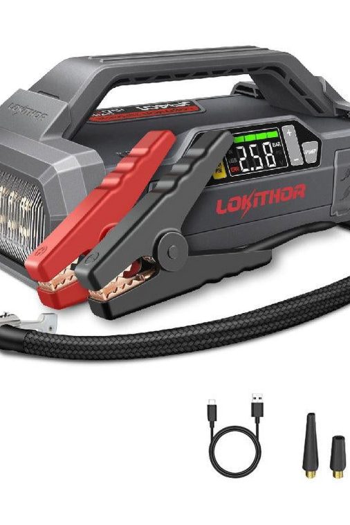 LOKITHOR JA401 3750A 12V Jump Starter with Air Compressor, 60W Two-Way Fast Charing, Lithium Battery Starter with 150PSI Digital Tire Inflator, Car Battery Booster for 10.0L Gas or 8.0L Diesel Engines