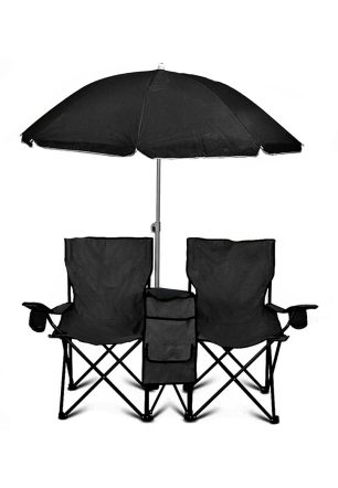 GoTeam Double Folding Camping Chair Set w/ Shade Umbrella & Cooler Bag, Black