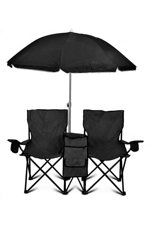 GoTeam Double Folding Camping Chair Set w/ Shade Umbrella & Cooler Bag, Black