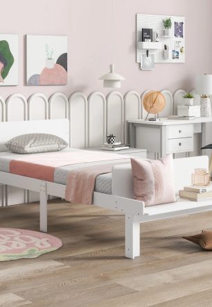 Create a chic and cozy bedroom look with this stylish and elegant white twin bed featuring a footboard bench for added comfort - perfect for enhancing the style and comfort of your bedroo