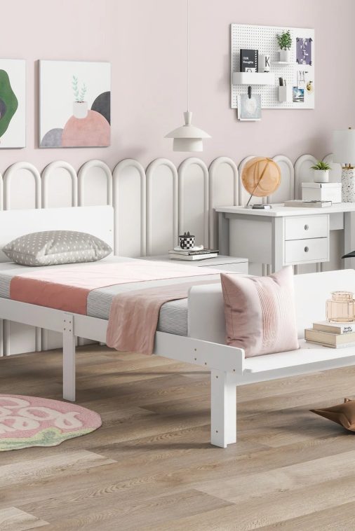 Create a chic and cozy bedroom look with this stylish and elegant white twin bed featuring a footboard bench for added comfort - perfect for enhancing the style and comfort of your bedroo